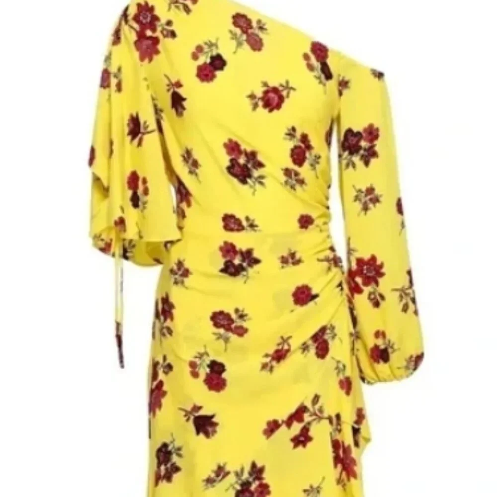 A.L.C Silk Florence Floral Ruffles Asymmetrical Midi Dress Linsey Yellow XS $675